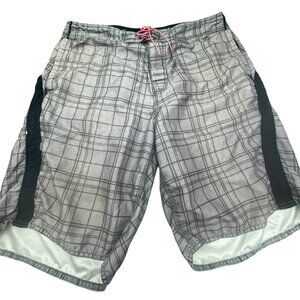 anchor blue swim trunks shorts gray black hook & loop closure plaid pockets READ